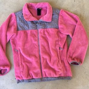 North face pink gray fuzzy fleece jacket